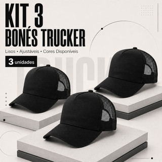 Kit 3 Boné Trucker Estilo Americano Liso Aba Curva Tela Traseira Fecho Snapback