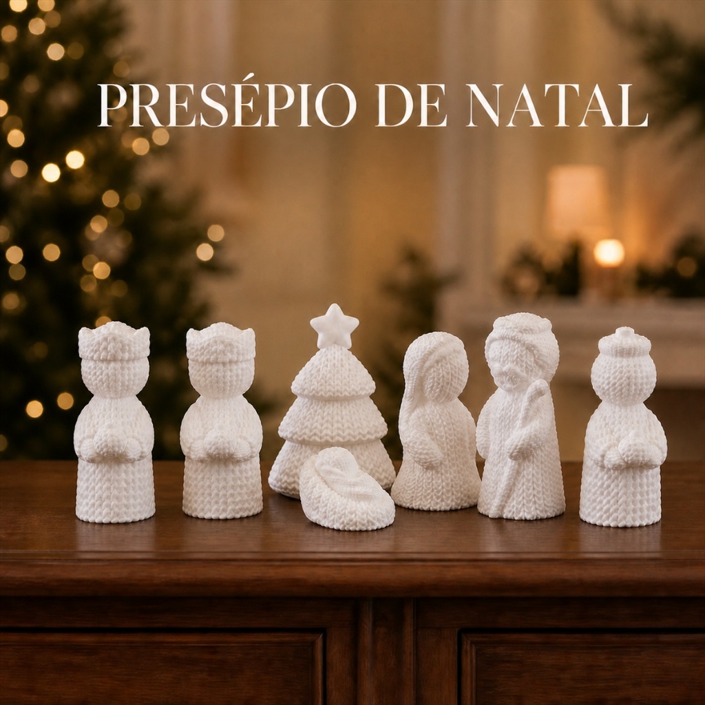 Kit Decoração de Natal Minimalista 7 Peças Árvore Facetada, Reis, Bispo e Presépio Branco