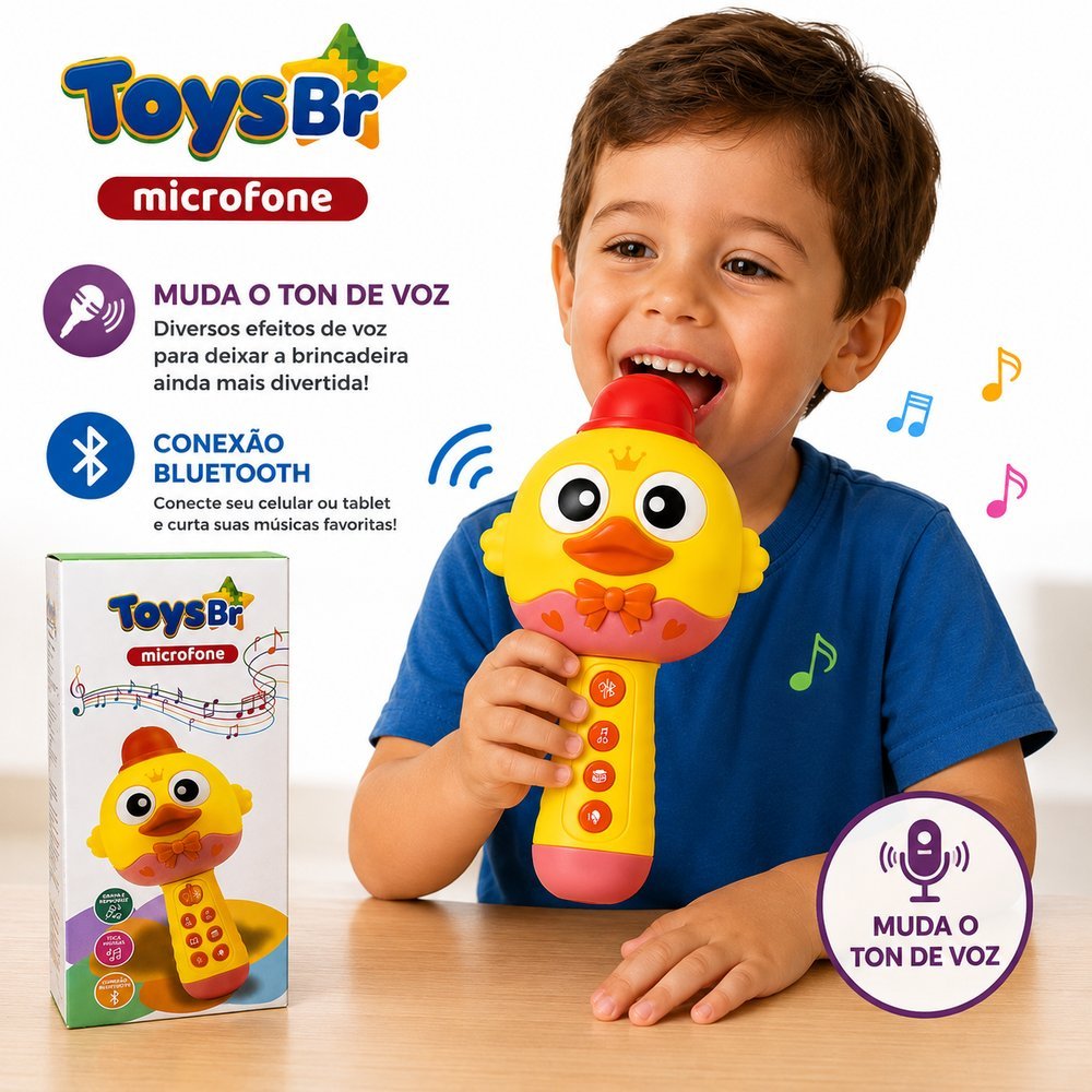 Microfone Galinha Infantil com Luzes e Som- Conta História Muda a Voz Recarregavel Bluetooth