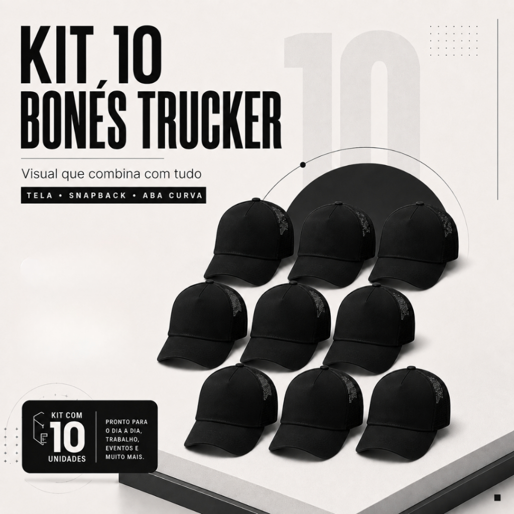 Kit 10 Boné Trucker Americano Liso Tela Respirável Masculino Feminino Aba Curva Fecho Snapback
