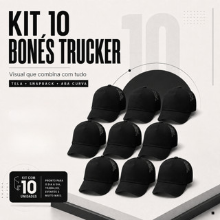 Kit 10 Boné Trucker Americano Liso Tela Respirável Masculino Feminino Aba Curva Fecho Snapback