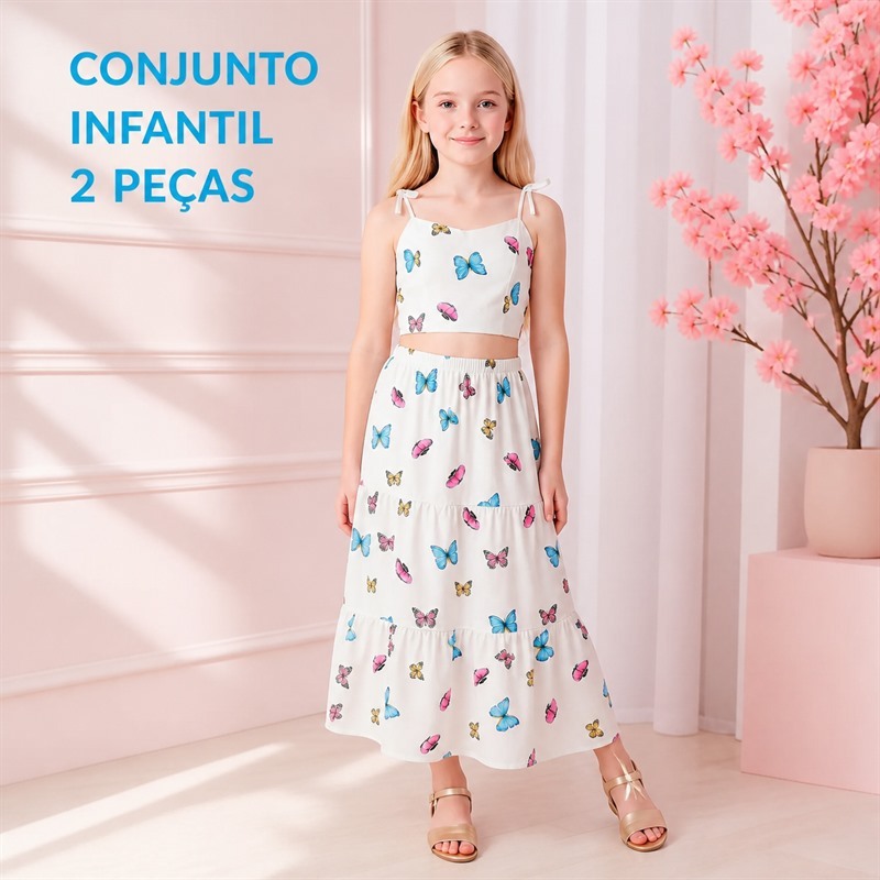 Conjunto Infantil Feminino Cropped e Saia Longa Estampado Borboletas – Moda Kids Verão, Confortável e Estiloso 10 ao 16
