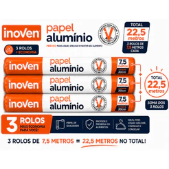 3 Rolos De Papel Alumínio Inoven 7,5 Metros X 30cm