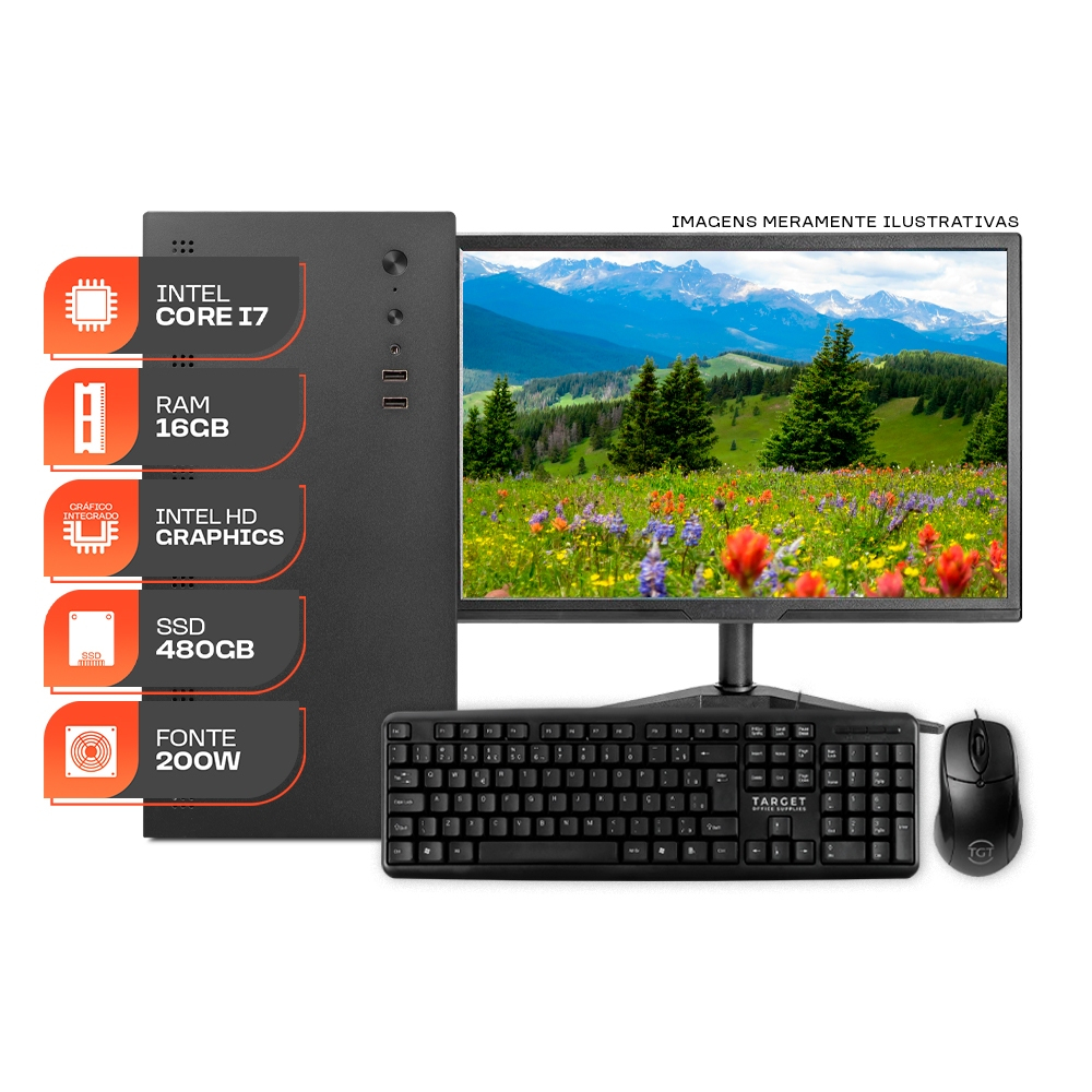 Computador Home Essential S, Intel Core i7, 16GB DE RAM, SSD 480GB, Completo com Monitor e Periféricos + Caixa de som