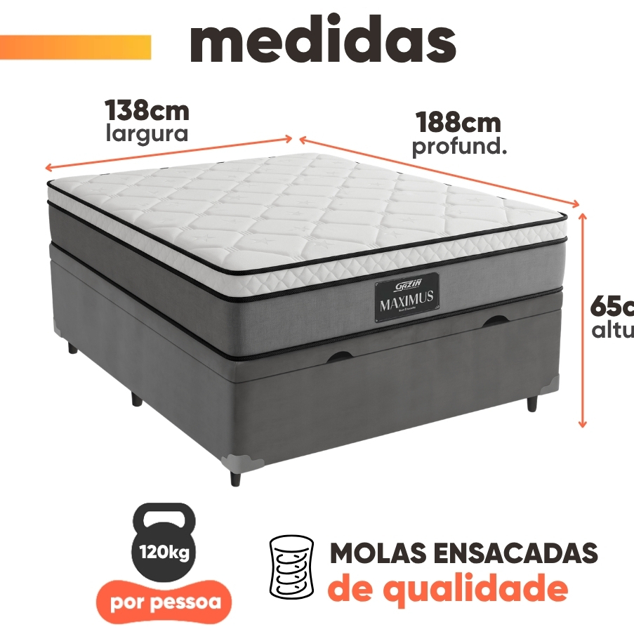 Cama Box Baú Casal Colchão Gazin Maximus Molas Ensacadas 138x188x65cm Linho Grafite / Preto · foto 2