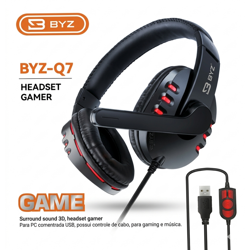 Headset Gamer BYZ-Q7 com Microfone - Som Surround 3D - USB para PC e Notebook - Controle no Cabo - Game e Música