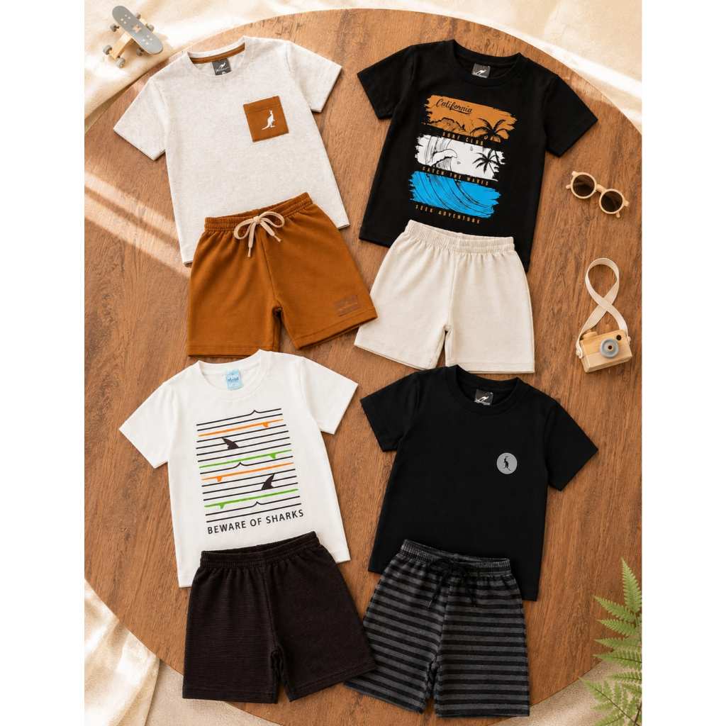 Kit 4 Peças Roupa Infantil Menino Verão Conjunto Confortável 2 Camisas 2 Shorts Sortido Roupa Bebê 1 ao 12