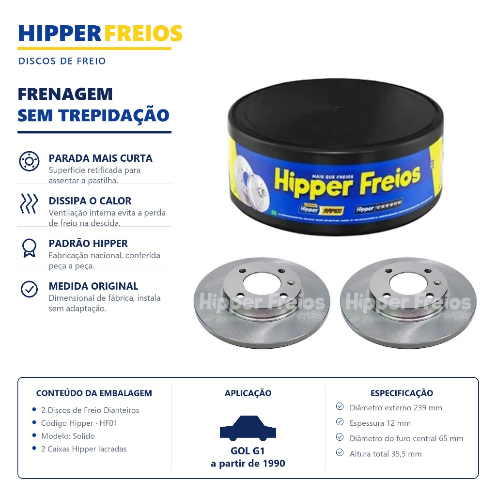 Par Disco de Freio Sólido Gol G1 1990 1991 1992 1993 1994 Hipper Freios