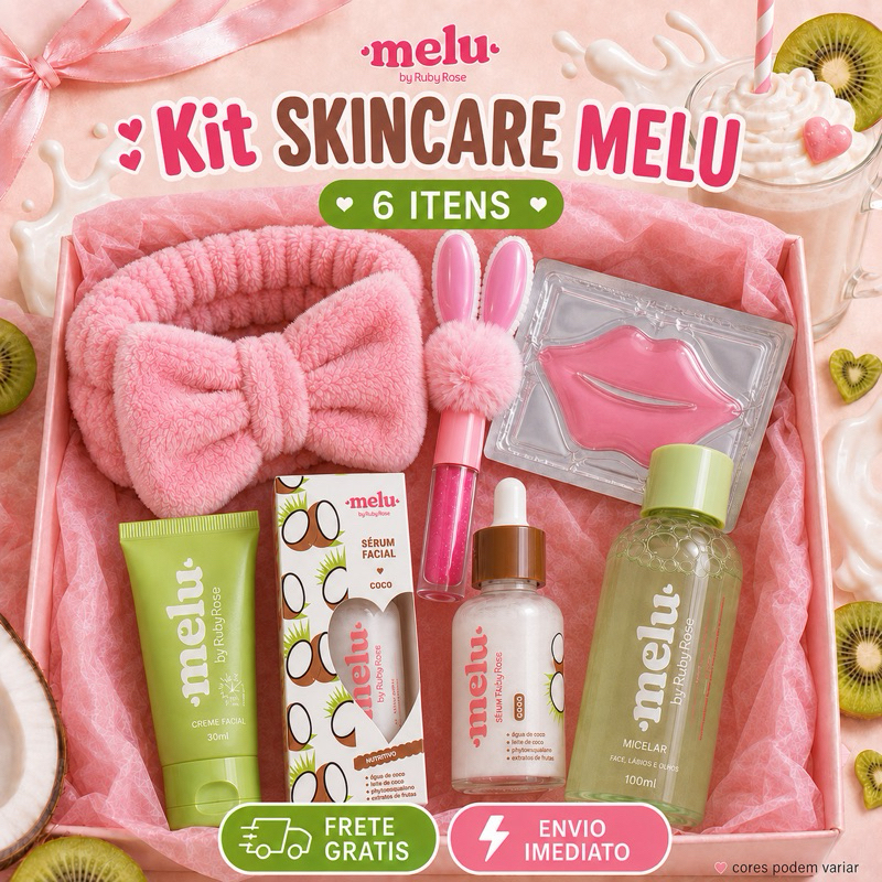 Kit Skincare Completo 6 Itens Melu By Ruby Rose Infantil Menina Serum Tiara Presente