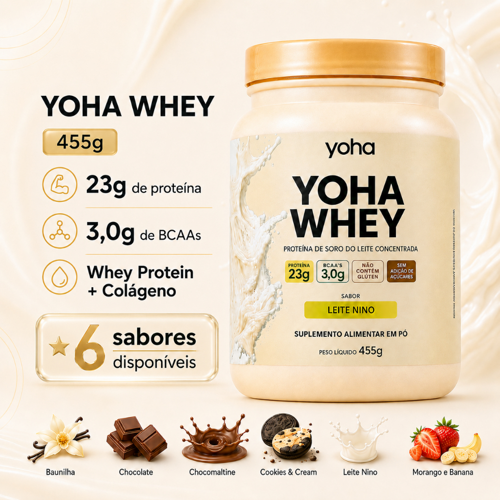Whey Protein 100% Yoha 455g 23g Proteína + Colágeno Massa Muscular Alta Qualidade Sabo Leite Ninho Camila Loures