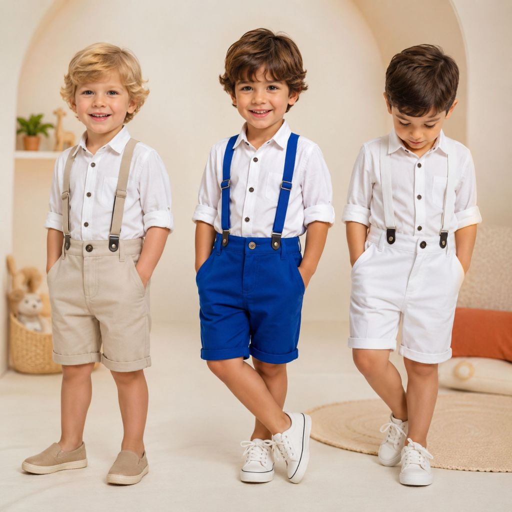 Bermuda Infantil Menino com Suspensório Regulável Brim Leve Social Festa Batizado Casamento PP ao G