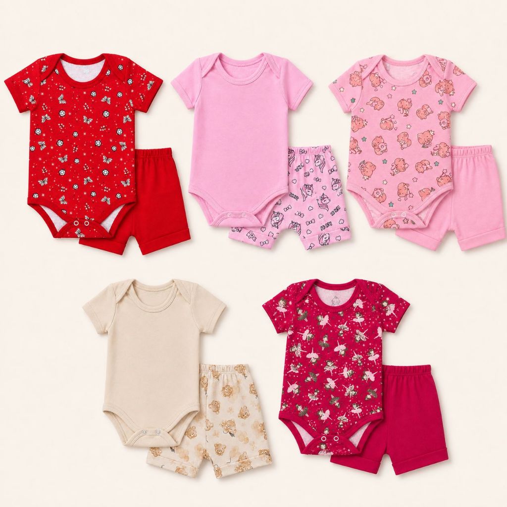 Kit 4 Pçs Body Bebe M/curta Estampado Algodão Menina/ Menino