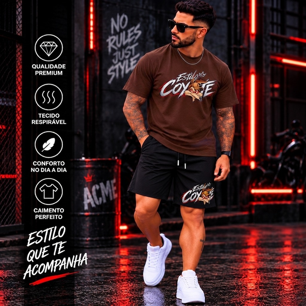 Conjunto Masculino Camiseta 100% algodão e Bermuda Tactel Premium Praia Estampada Coyote Streetwear Casual Confortável