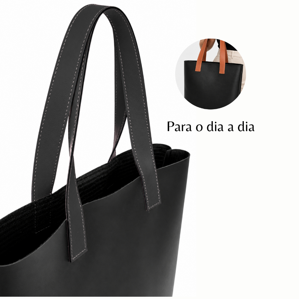 Sacola de Ombro Em Couro Sintético Preta com Alça Preto