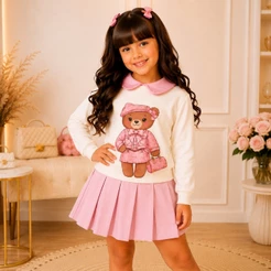 Conjunto Infantil Menina Ursinha Moletom Peluciado Short Saia Boutique Blogueirinha Inverno