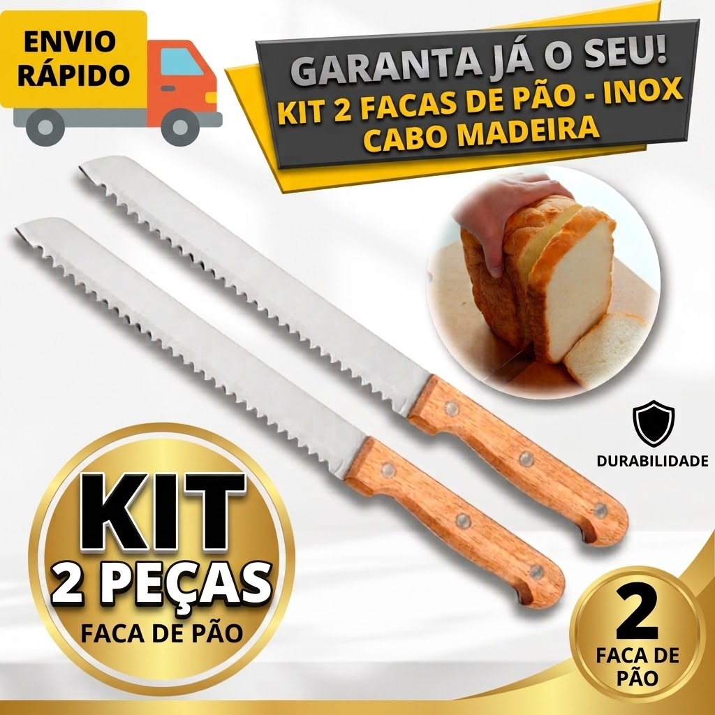 Kit Faca Para Pão 8'' De Inox E Cabo de Madeira Com Serra 2 Peças Para Cortar Pães Bolos De Casa Cozinha Padarias