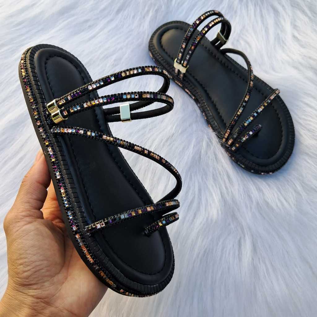 Sandália Feminina Rasteirinha Papete com Strass Palmilha Acolchoada Confortável Rasteira Elegante com Brilho Tendência
