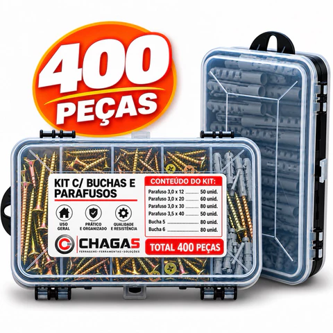 Kit 400 Peças Parafusos e Buchas com Organizador Multiuso Maleta Marcenaria Chipboard Phillips