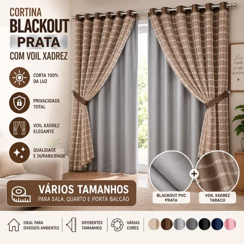 Cortina Blackout Prata com Voil Xadrez – Vários Tamanhos e Cores para Sala, Quarto e Porta-Balcão