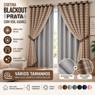 Cortina Blackout Prata com Voil Xadrez – Vários Tamanhos e Cores para Sala, Quarto e Port…