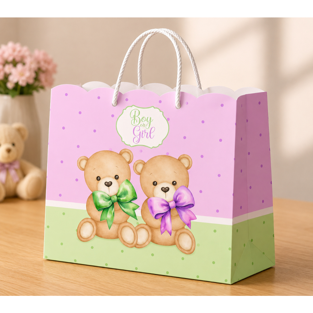 Sacolinha cha revelação urso verde e lilas personalizada/PEGUE E MONTE /ursinho verde e lilas / cha urso lilas e verde