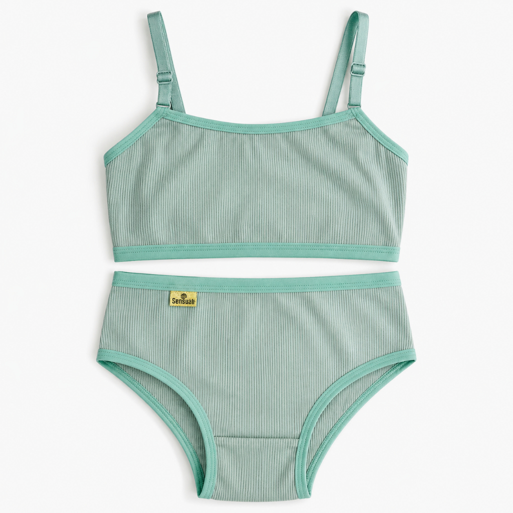 Kit Conjunto Menina Moça Infantil Suede Canelado Sem Bojo Top e Calcinha Confortável