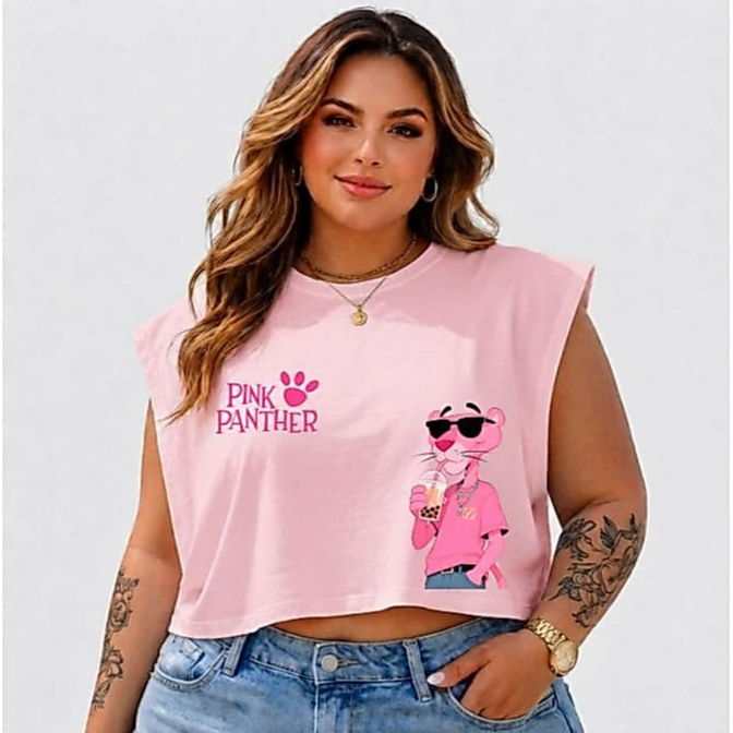 Cropped Feminino  Plus Size Sem Mangas Oversized Pantera Básico Casual Verão 100% Algodão Tendência