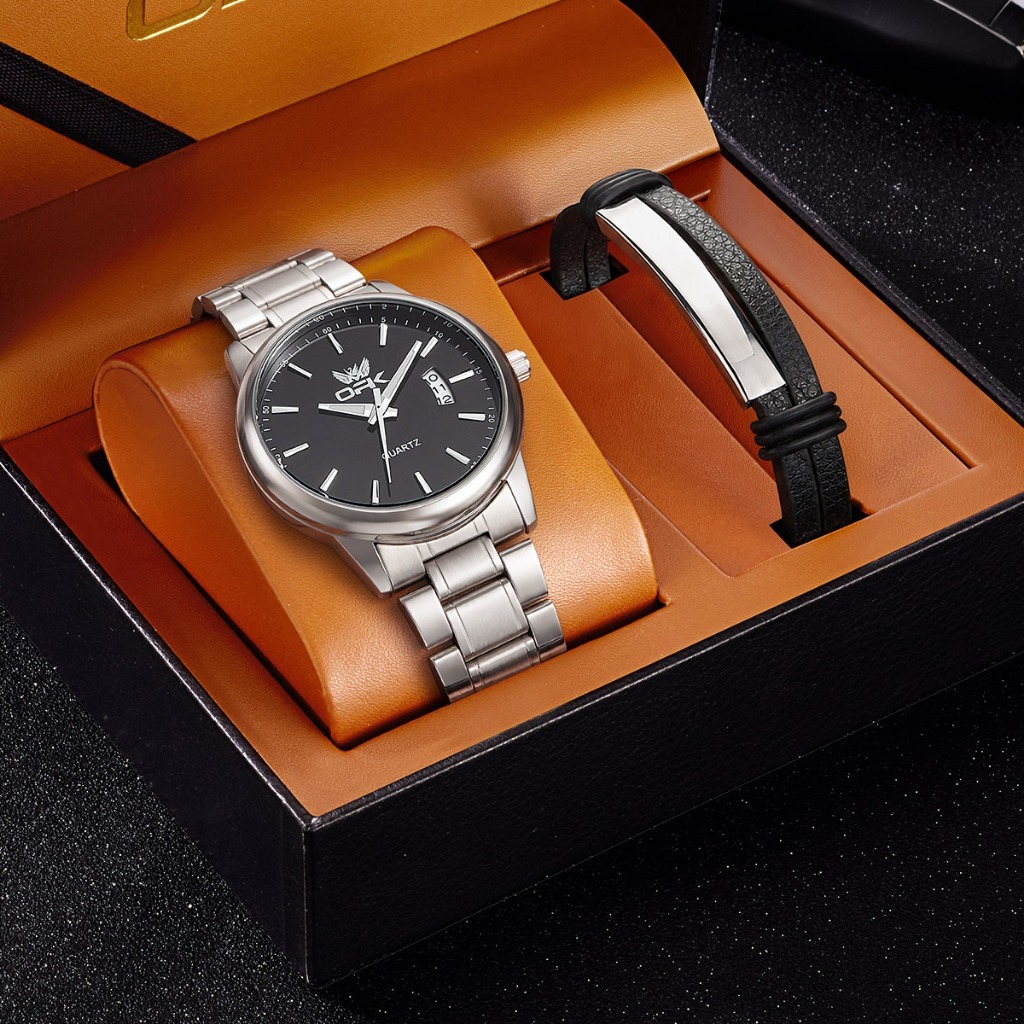 OPK Relógio Masculino Quartzo Luxo Preto Aço Inoxidável+Pulseira Couro Conjunto Presente com Caixa 6010