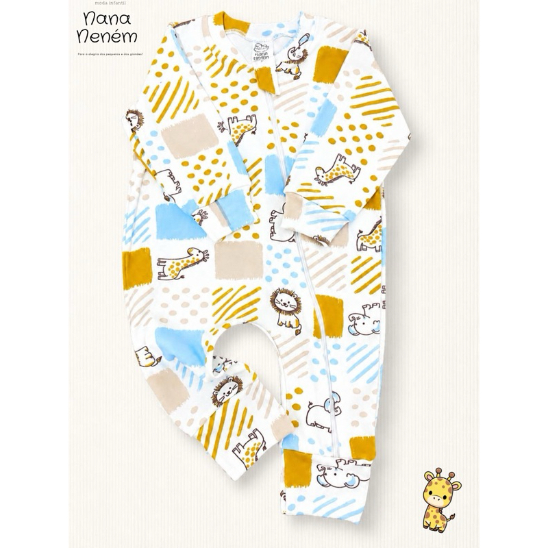 Kit 2 com macacões de zíper feminino ou masculino vira pé em estampas sortidas do P ao GG