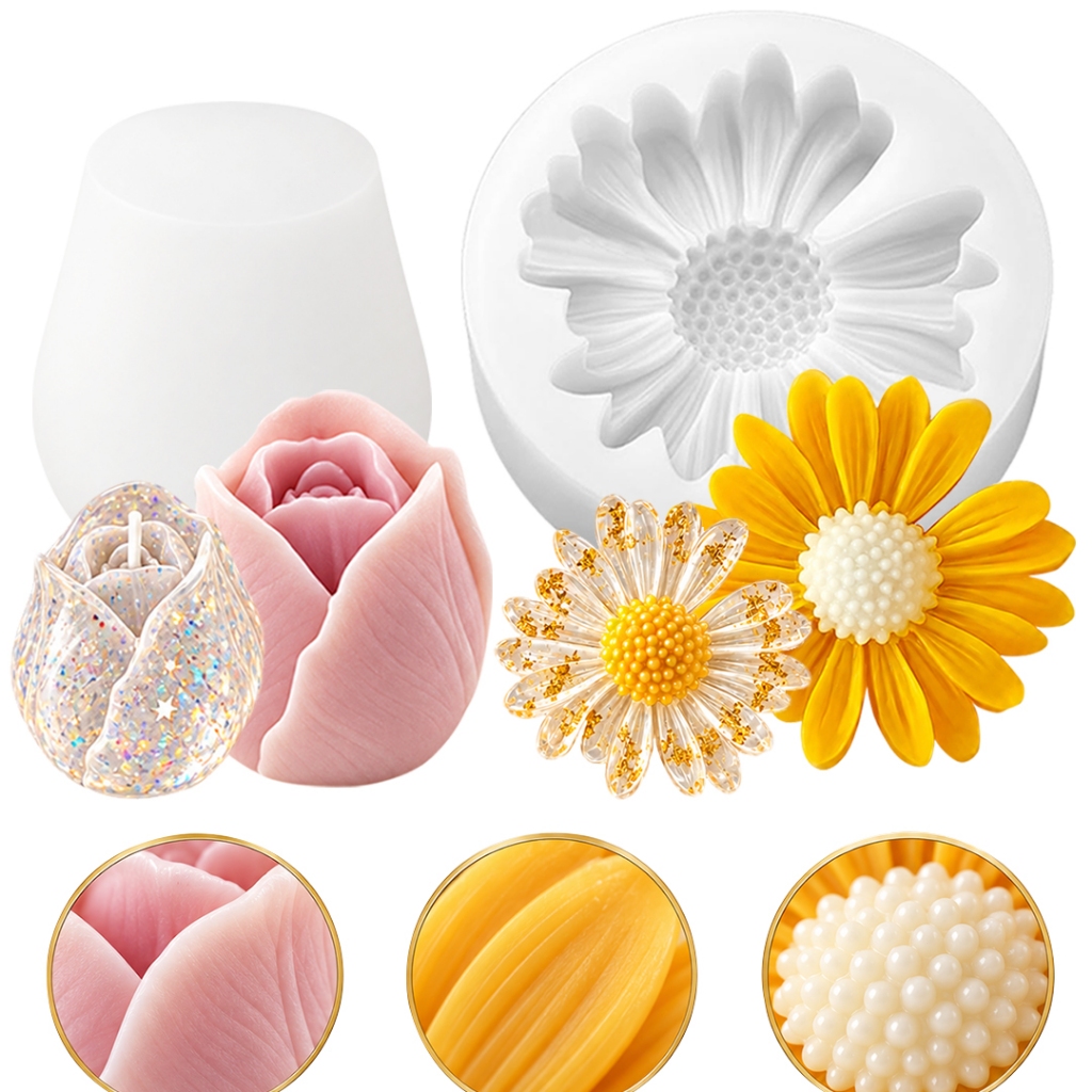 Kit 2 Moldes Tulipa e Margaridas 3D Para Fabricação de Velas e Artesanato Em DIY Resina