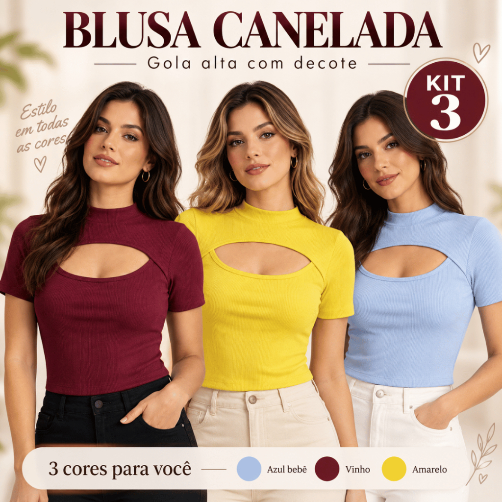 Kit 3 Blusa Feminina Canelada Gola Alta com Decote Manga Curta Cropped Moda Feminina