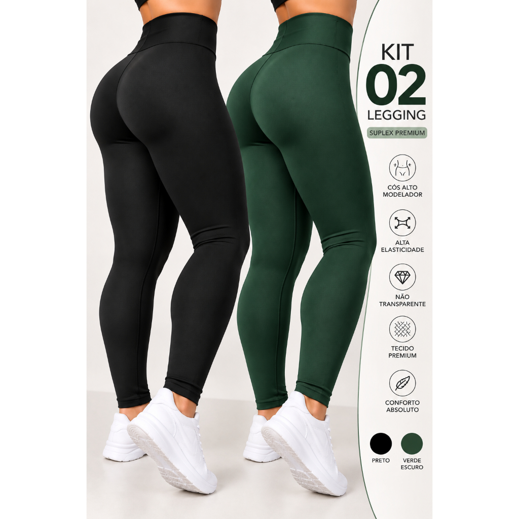 Kit 2 Calças Legging Feminina Suplex Fitness Academia Leg Cintura Alta Cos Alto Treino Pilates Corrida
