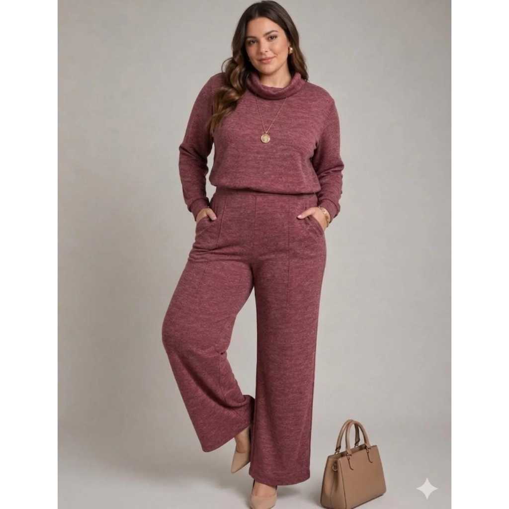 Conjunto Feminino Plus Size Manga Longa Inverno Conjunto Canelado Confortavel Elegante Lançamento