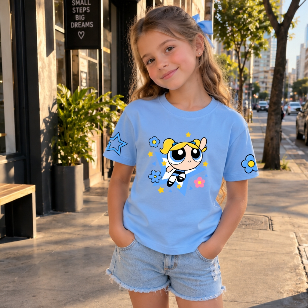 Camiseta Infantil Menina 100% Algodão Estampada Lindinha Meninas Super Poderosas Fofa Manga Curta Verão