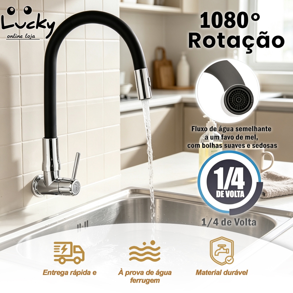 Torneira Cozinha Gourmet Parede Flexivel 1/4 de Volta Giro 1080°
