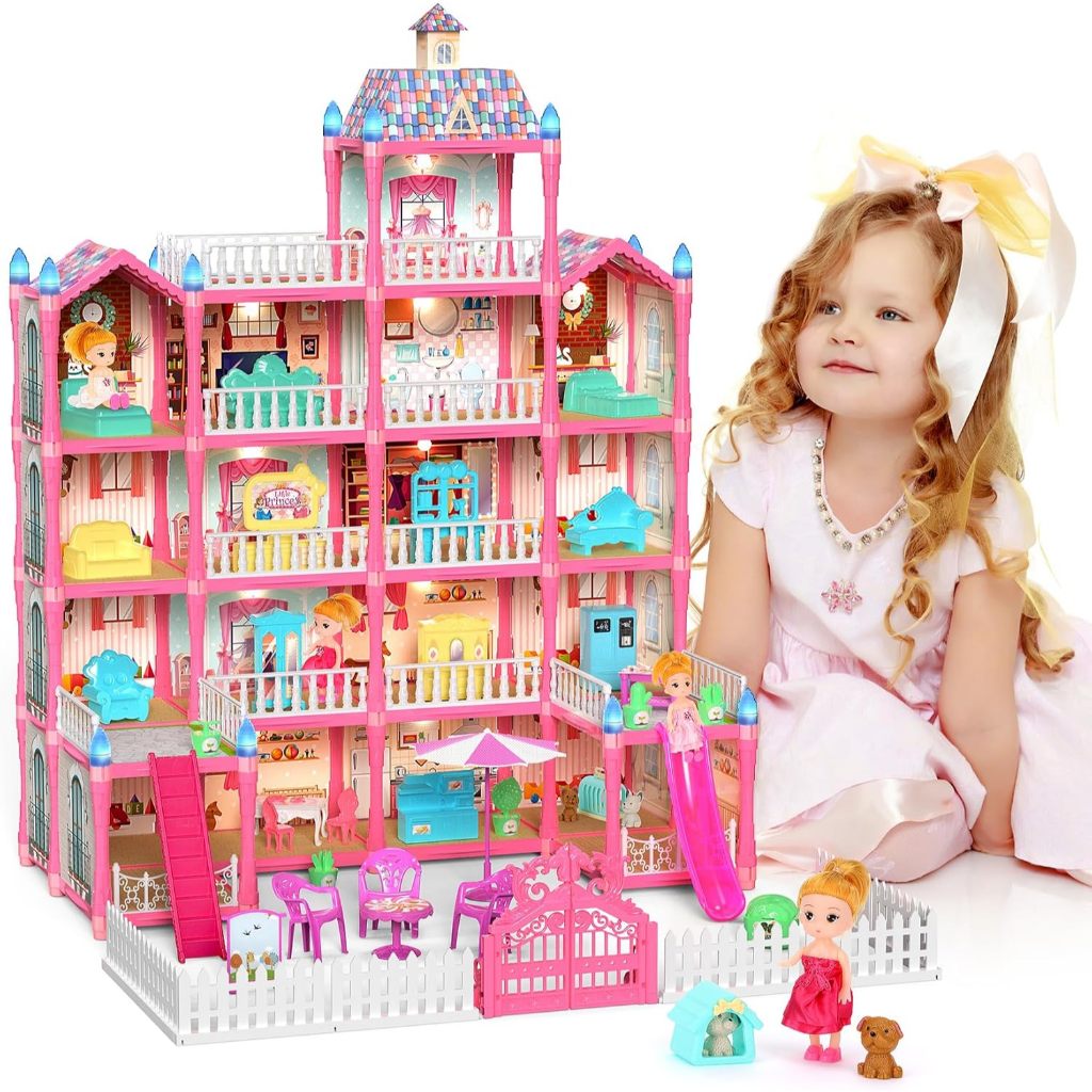 Casa de Boneca Castelo 5 Andares 19 Cômodos com Luz LED, 2 Bonecas, Escorregador, Móveis Completos Brinquedo Educativo