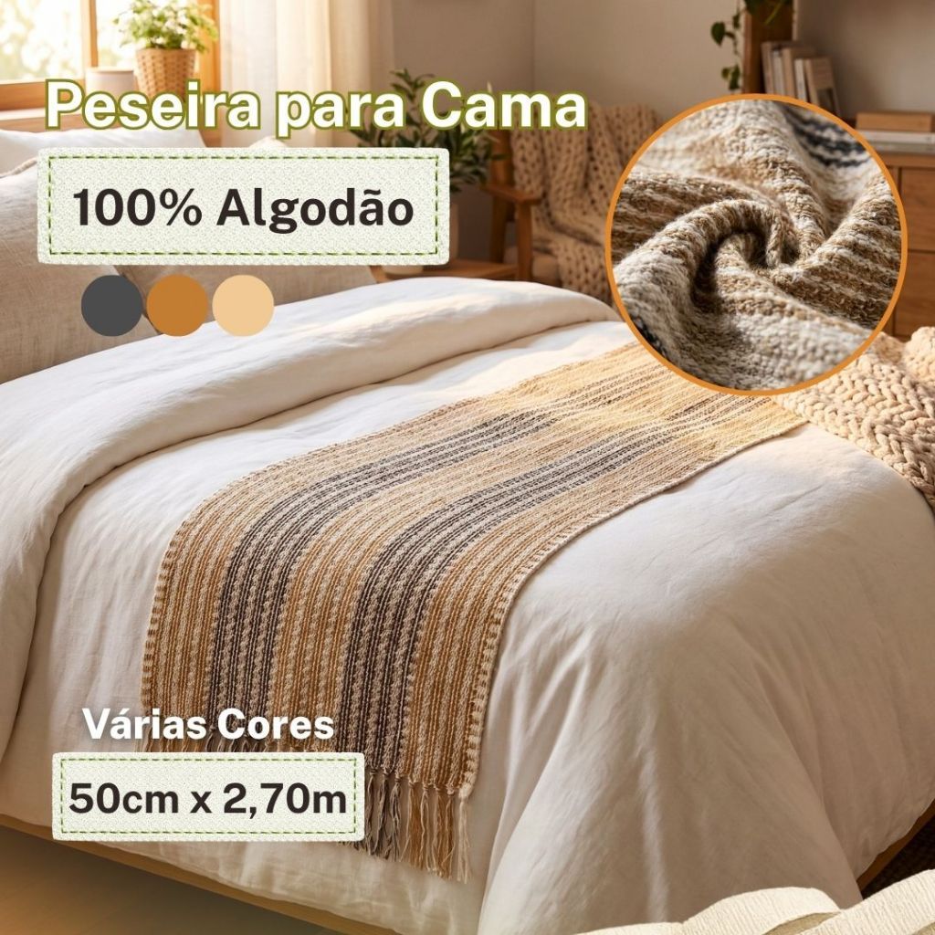 Peseira para Cama Casal 50cm x 2.70m Premium 100% Algodão Toque Macio