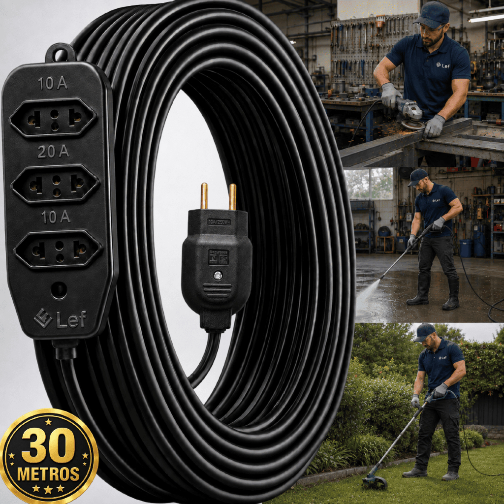 Extensão Elétrica 30m Cabo Pp Reforçada Obra Profissional 10/20a Longo alcance Multiuso flexível