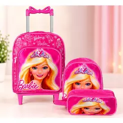 Mochila Infantil Barbie Média com Rodinha Lancheira + Estojo