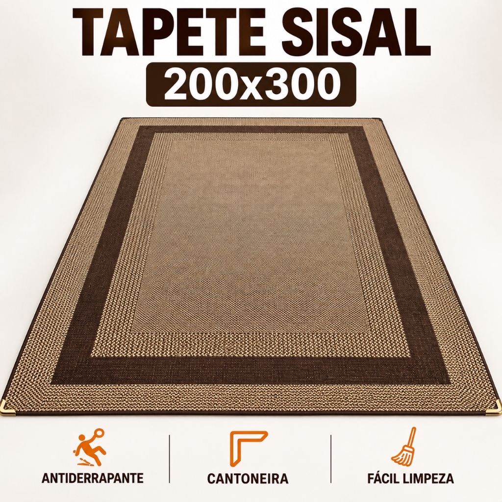 Tapete Sisal 200x300 cm Lancer Sisllê Antiderrapante com Cantoneira Aço Cromado Sala Quarto Escritório Consultório