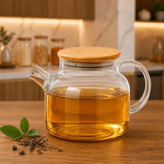 Chaleira de Vidro Borossilicato Para Fogão com Filtro Inox e Tampa de Bambu 1000ml