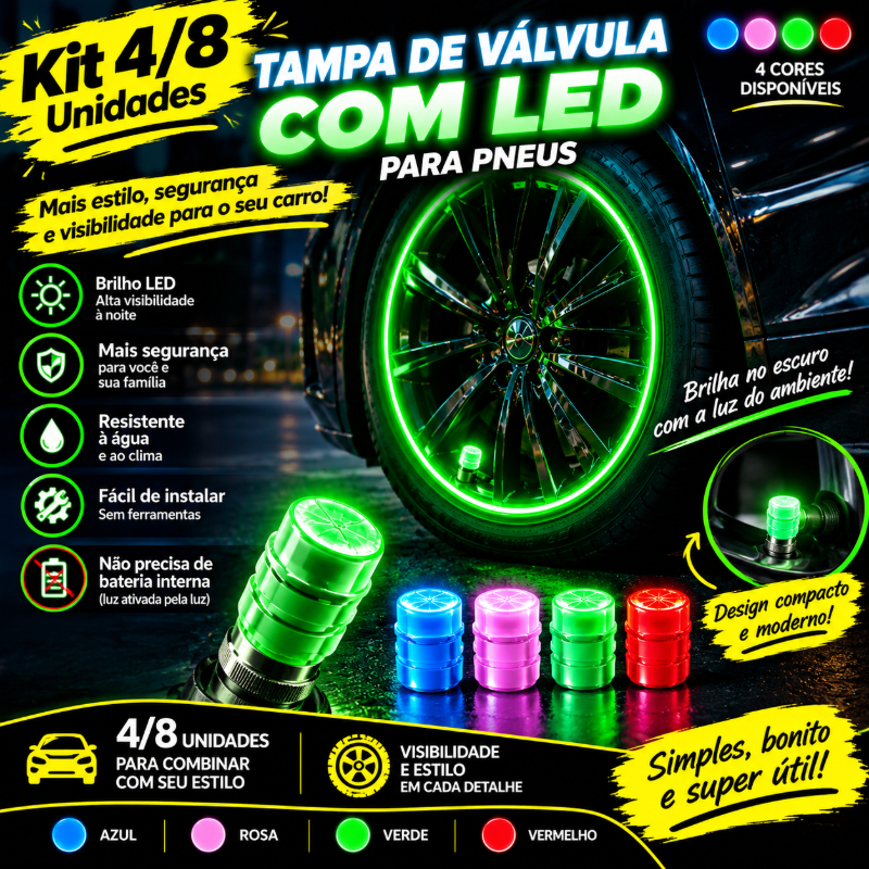KIT 4/8 Pçs Tampas De Válvula Luminosas Fluorescente Brilhante Carro Motocicleta Bicicleta Roda Pneu Instalação Fácil