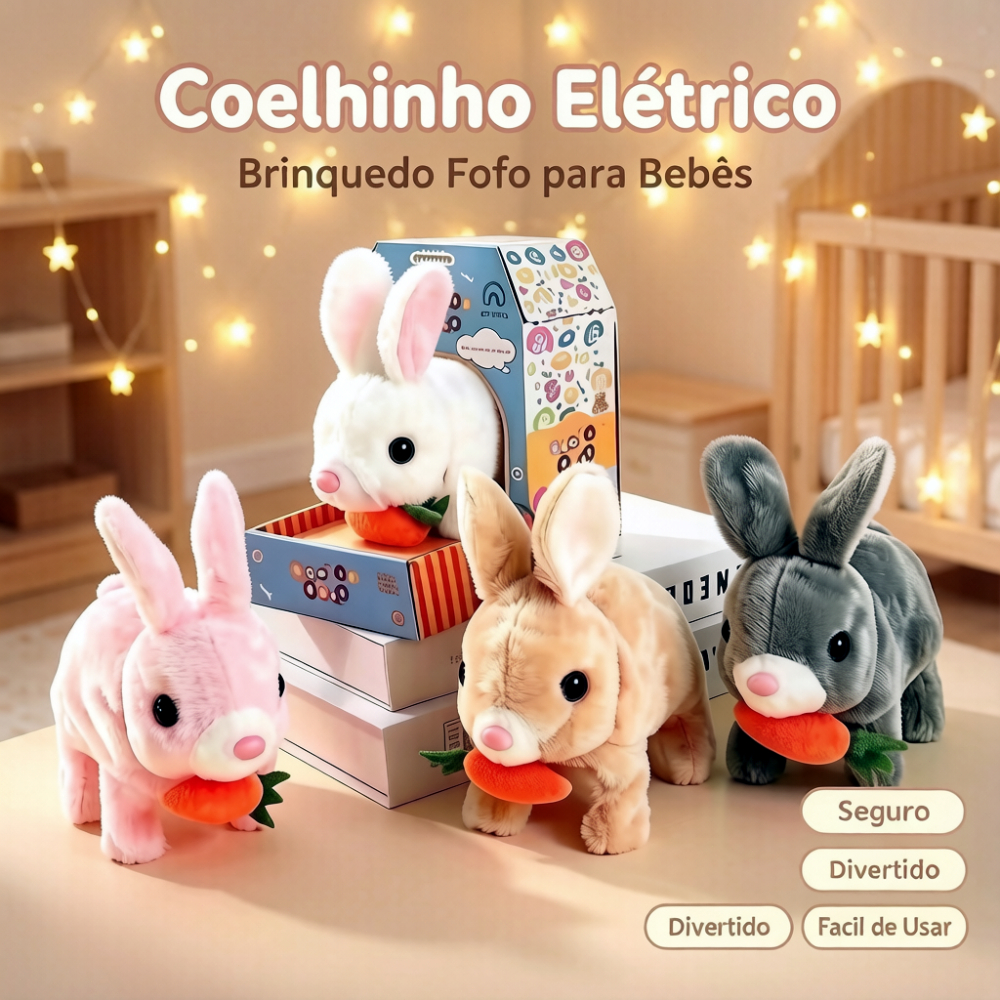 Coelho de pelúcia elétrico que anda e corre para criança