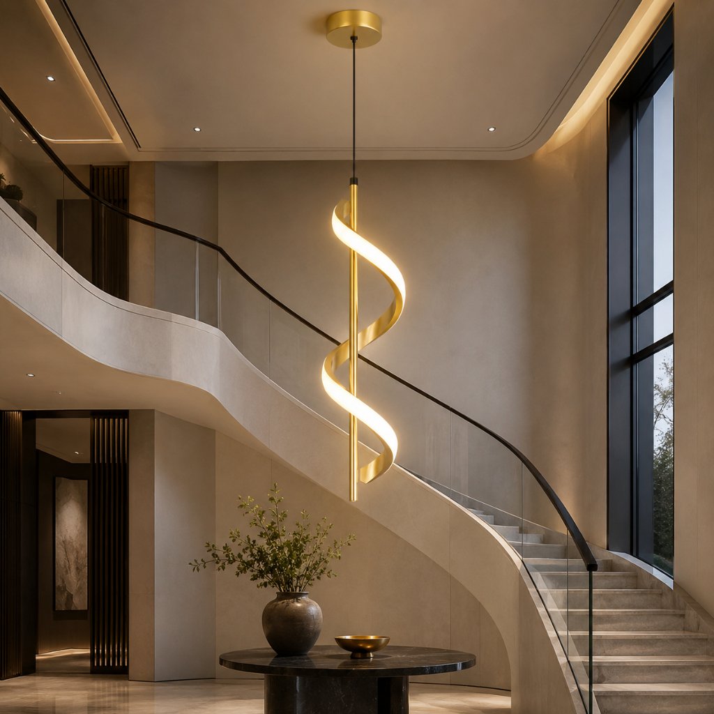 NIVEZA Kit Lustre Pendente Espiral LED Dourado de Teto. Três temperaturas de cor, ideais para a iluminação da sala
