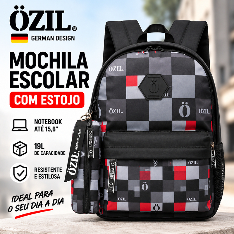Mochila Escolar Juvenil OZIL com Estojo Notebook 15,6 Reforçada Resistente 19L