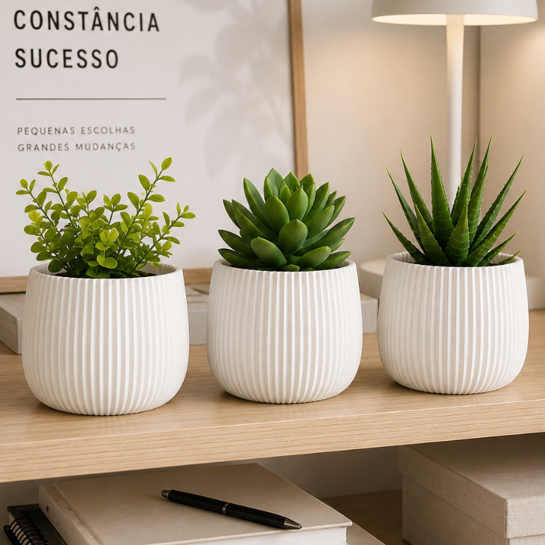 Kit 3 Vasos Decorativos Canelados Para Plantas Suculentas Decoração Casa