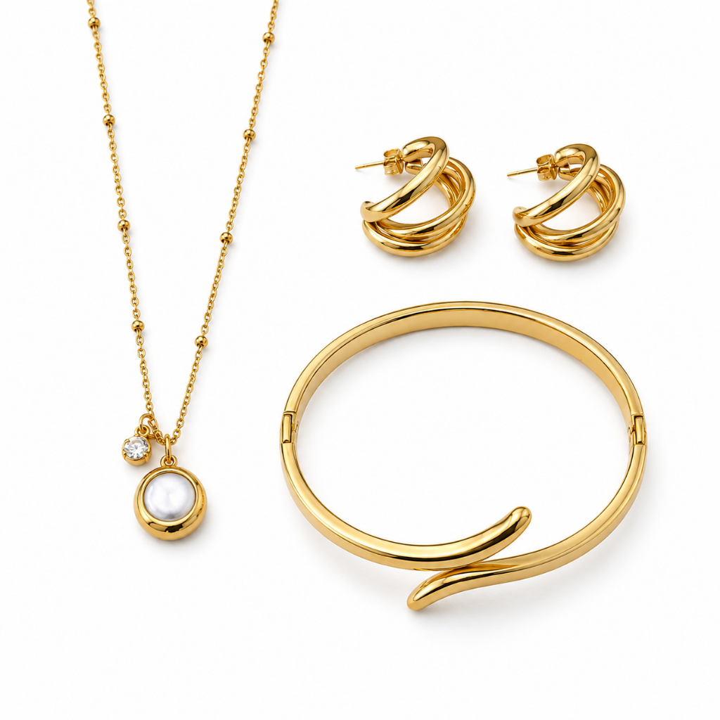 Kit Feminino Dourado 3 Peças em Aço Inoxidável 316L – Colar, Brincos e Pulseira Antialérgicos