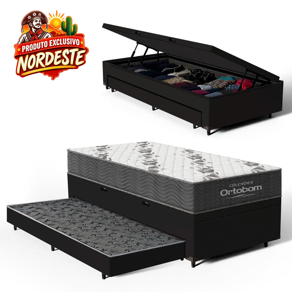 Cama Box Baú Solteiro com Colchão de Espuma D33 Ortobom Airtech 100 + Auxiliar Unique 88x188x60cm
