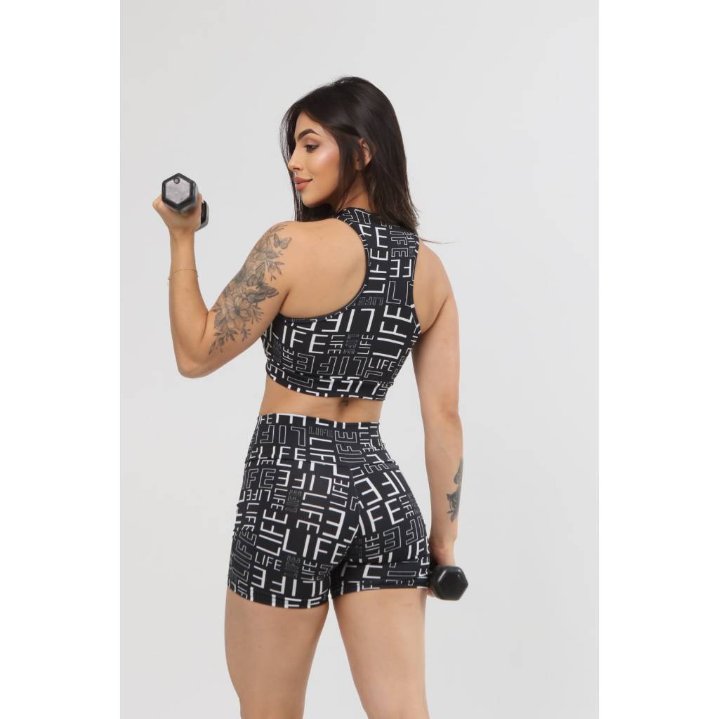 CONJUNTO ACADEMIA FITNESS FEMININO TECIDO SUPLEX ESTAMPADO LETRAS PREMIUM TEM CROPPED E SHORT CONFORTAVEL TAMANHOS M G G