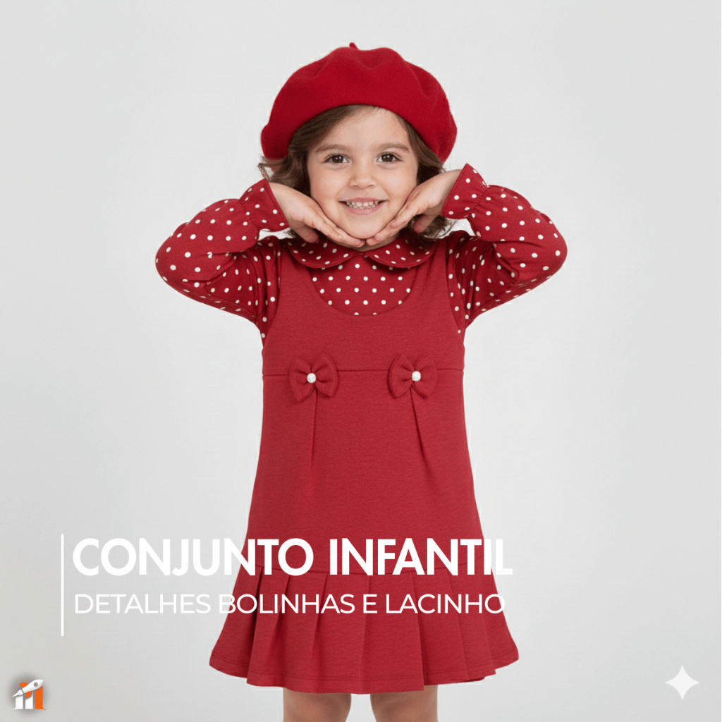 Conjunto Vestido Infantil Feminino Menina Moda Outono Inverno Manga Longa Detalhes Bolinhas e Lacinho Crianças